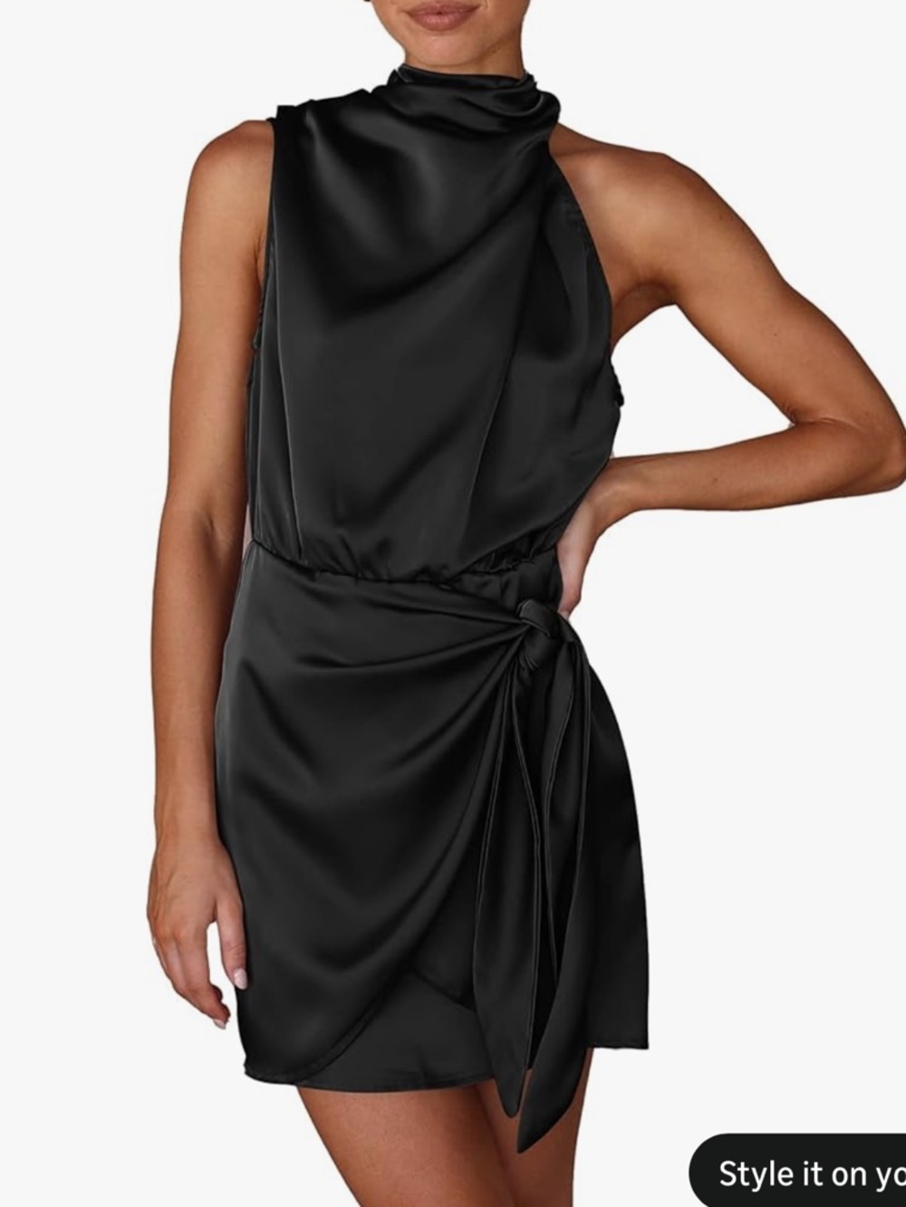NWT PrettyGarden Black Satin Draped Halter Top Dress